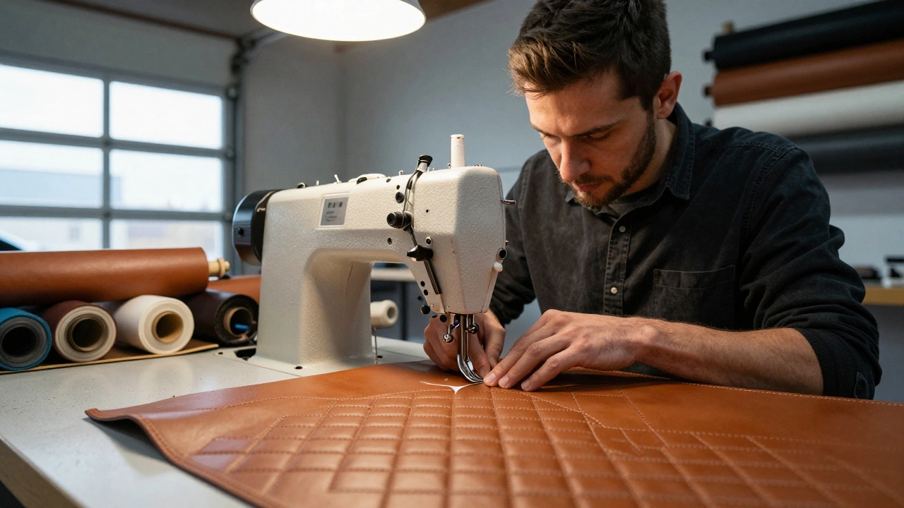 Upholsterer sewing a diamond-quilted pattern into cognac leather in a workshop