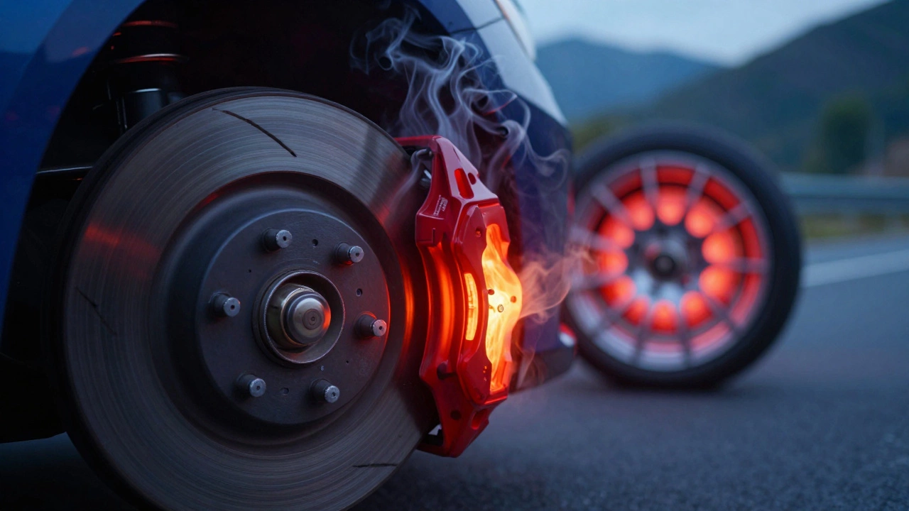 Alloy wheel dissipating brake heat compared to a heat-trapping steel wheel.