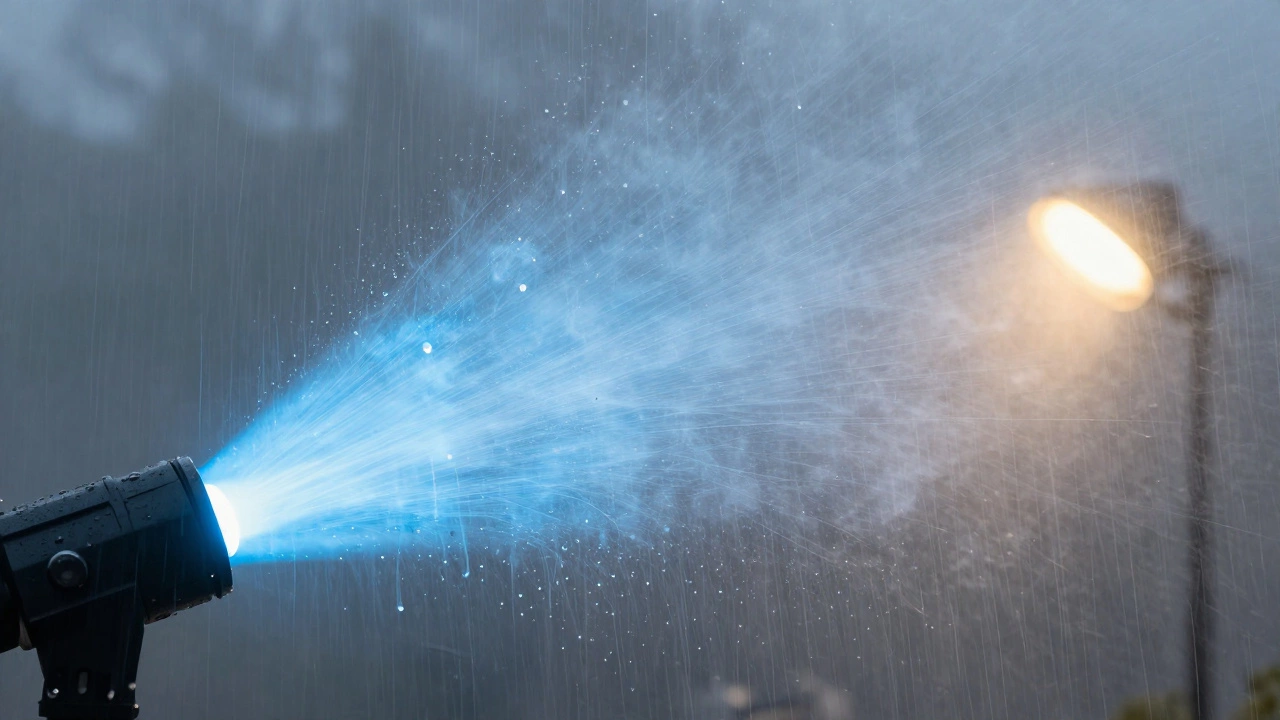 Blue LED light scattering in fog creating a white wall effect