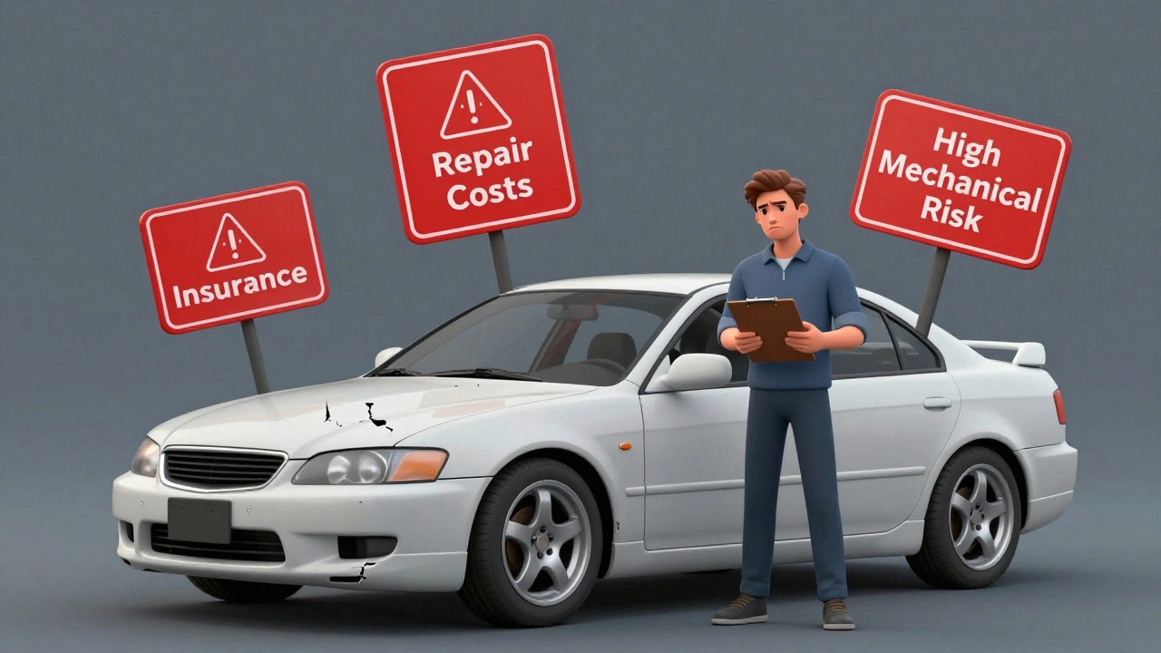 Buyer viewing modified car with abstract risk symbols