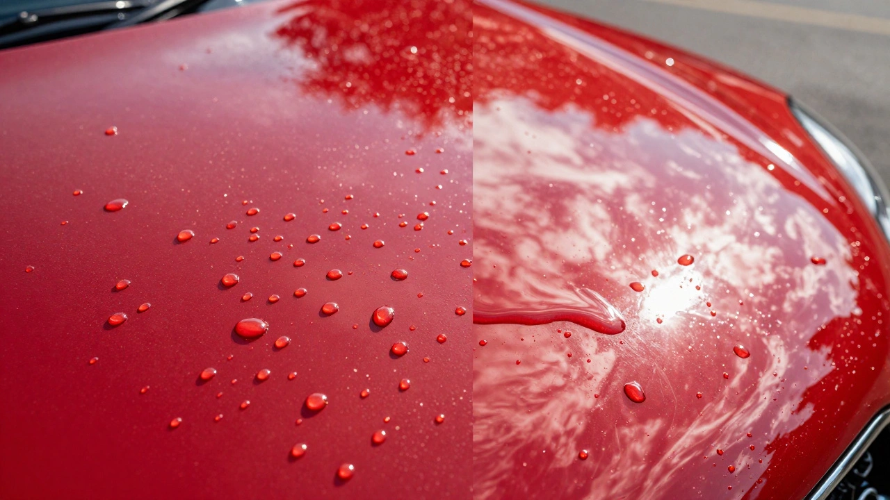 Close-up of water beading on a glossy red car hood in sunlight.