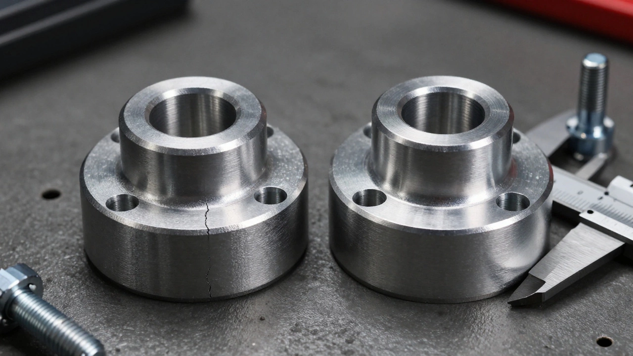 Comparison of a cracked cast spacer and a smooth billet aluminum spacer on a mechanic's bench.