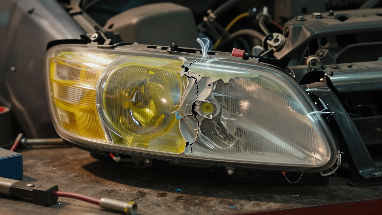 Damaged car headlight lens melted by overheating LED components