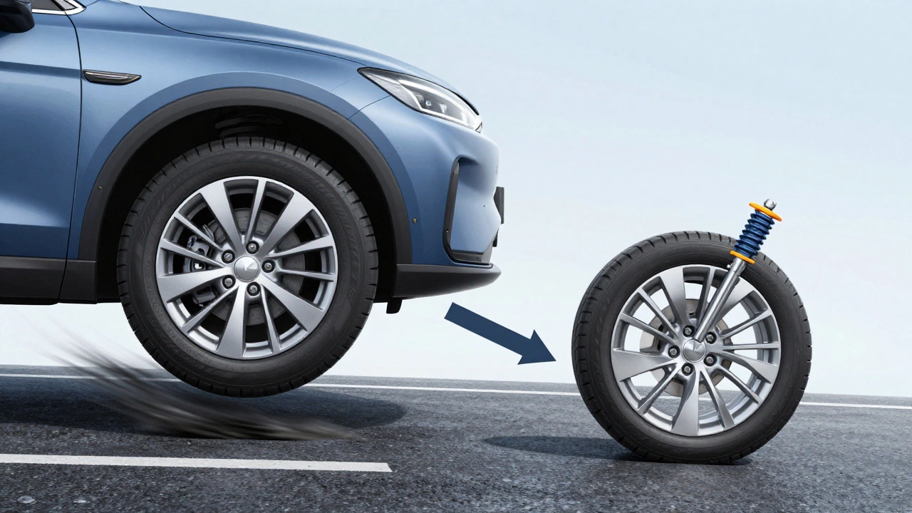 Diagram showing how lighter alloy wheels improve suspension response.