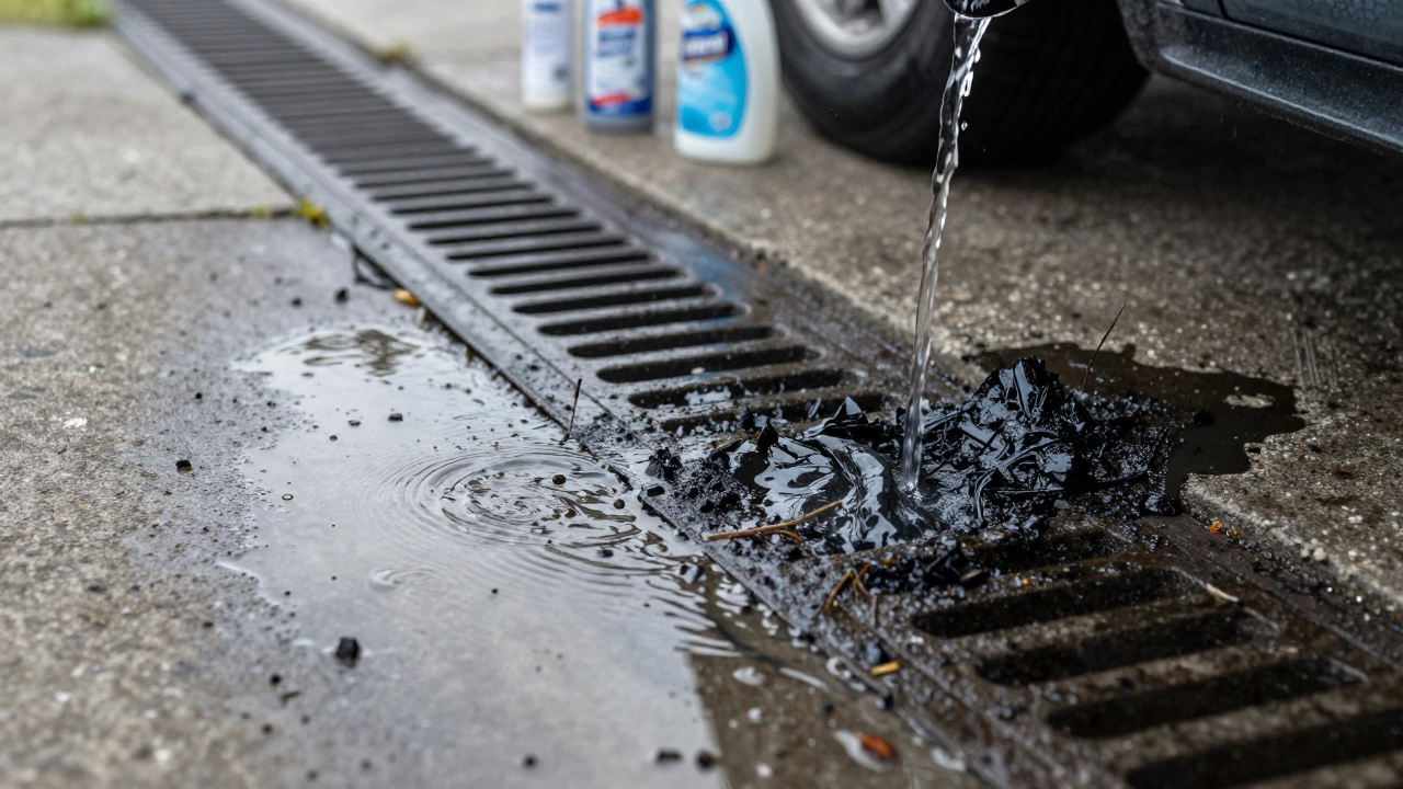 Dirty runoff water from car washing flowing into a storm drain, highlighting pollution.