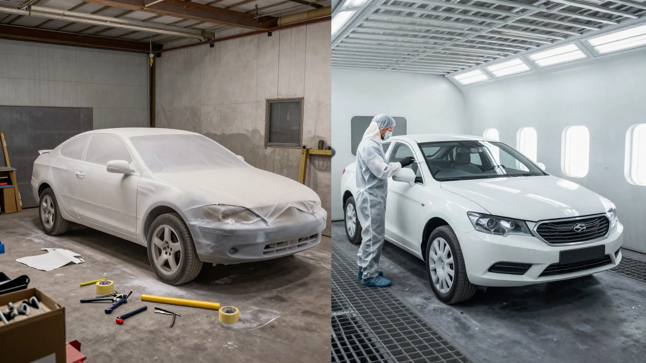 DIY garage mess versus professional spray booth painting setup