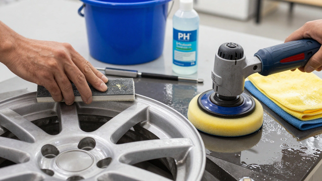 Hands using clay bar and polisher to restore wheel finish