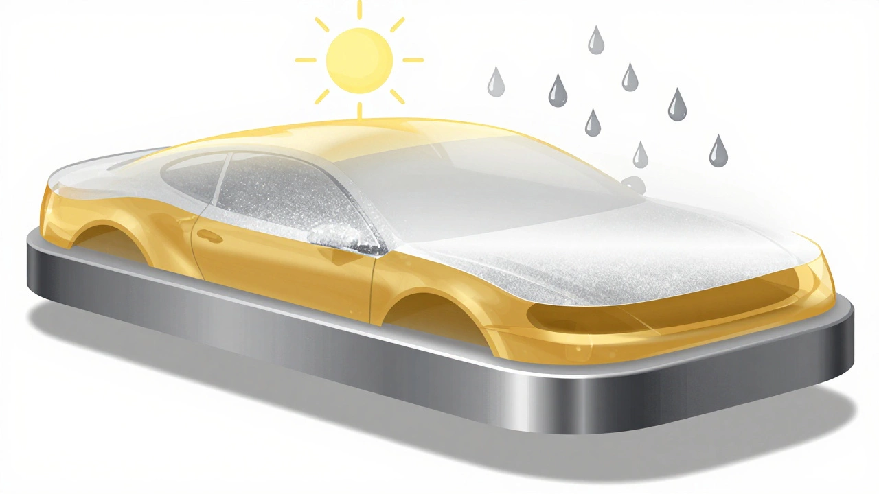 Illustration showing layers of wax and detailer protecting car paint.