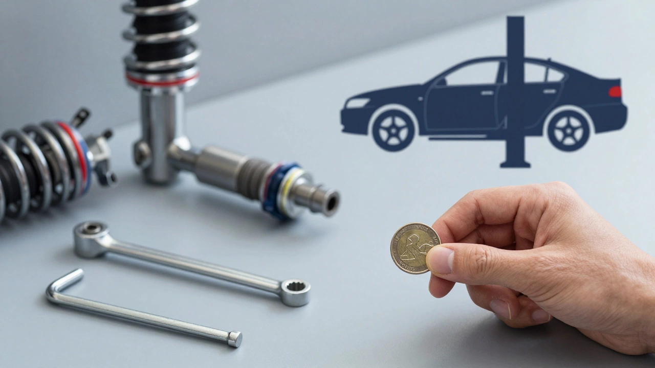 Mechanic's bench with tools and suspension parts, symbolizing cost and customization choices.