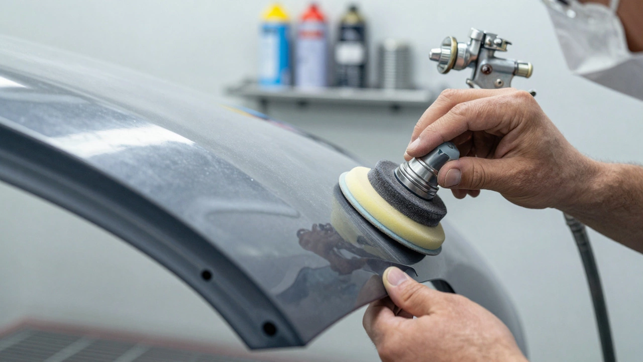 Painter sanding filler on car side skirt in professional booth