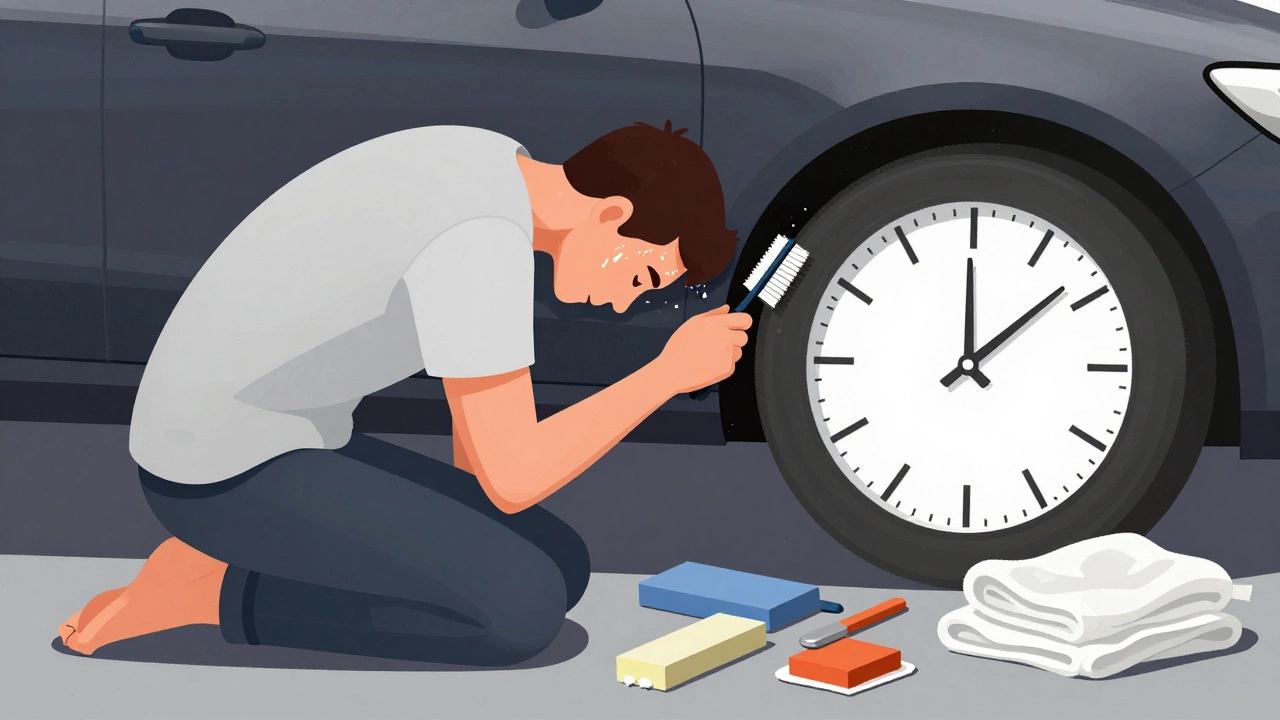 Person straining while cleaning car interior, illustrating the physical effort of DIY detailing.