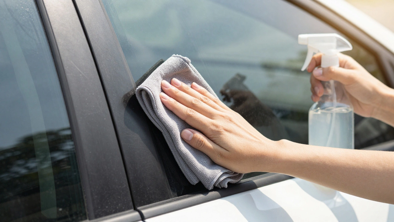 Person wiping a clean tinted car window with a microfiber cloth