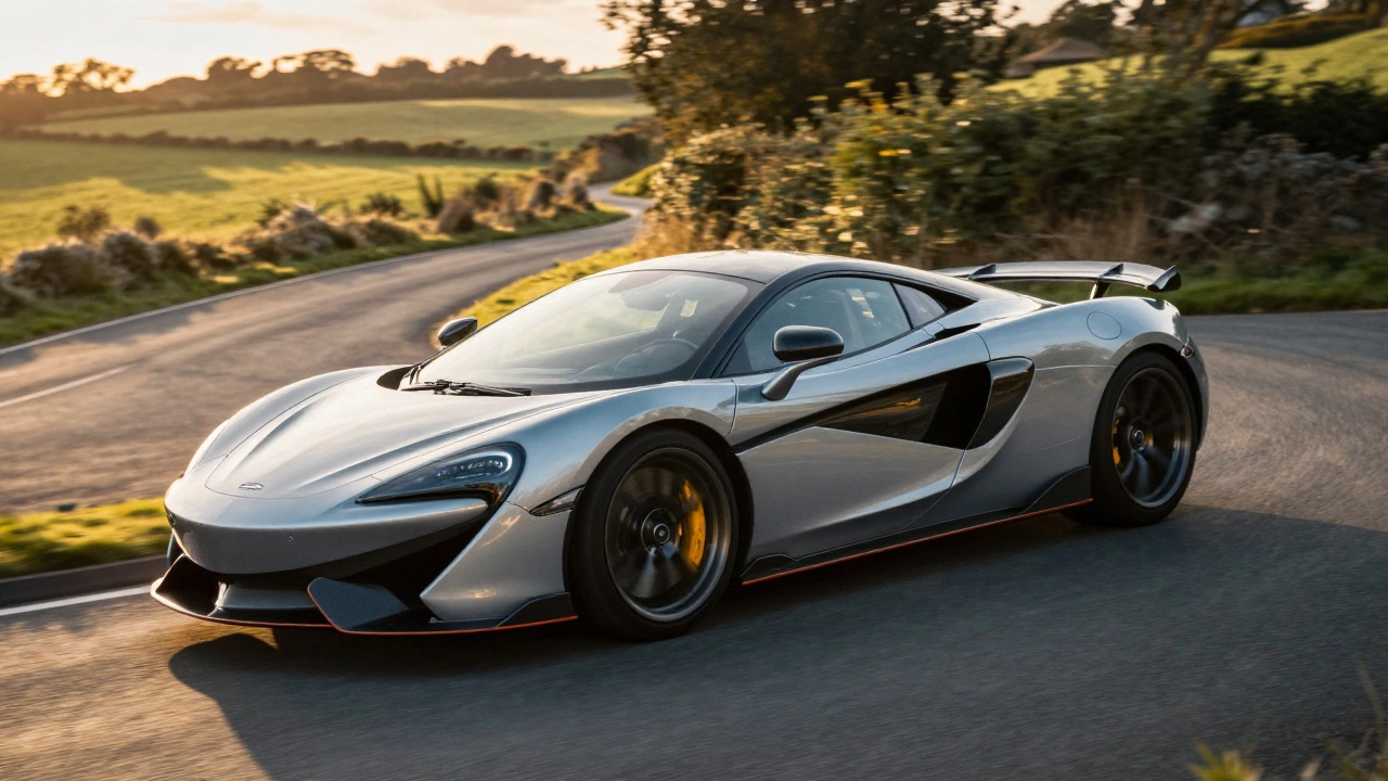 Sports car cornering sharply on a road, demonstrating reduced body roll from coilovers.