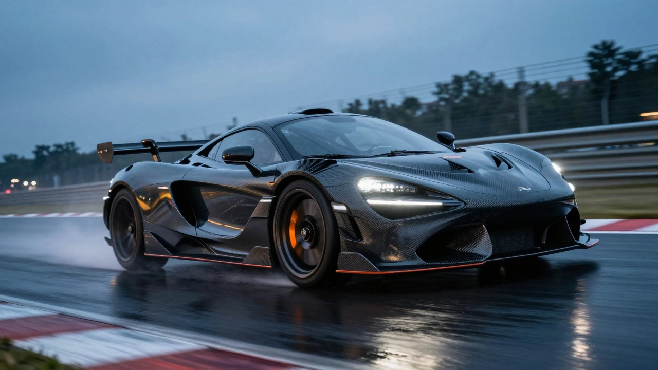 Sports car with carbon fiber aero parts racing on a track