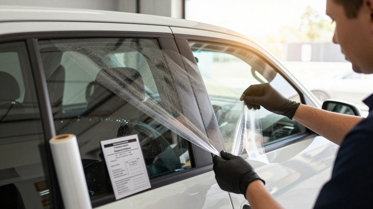 Technician professionally applying legal ceramic window tint film to a truck door.