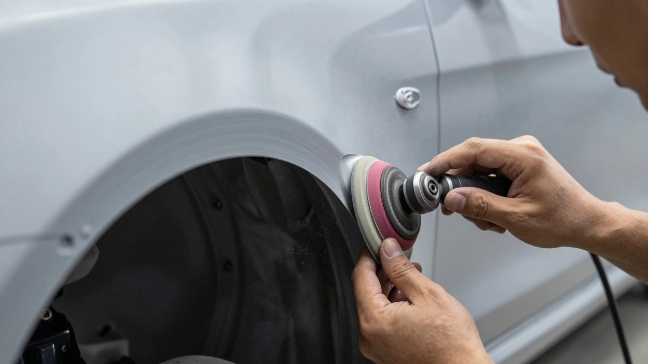 Technician sanding fiberglass body kit part for precise fitment