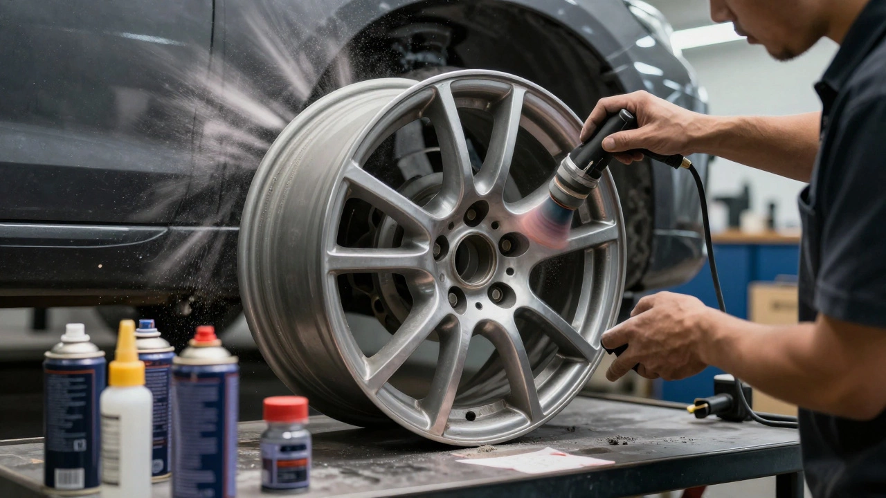 Technician stripping and preparing alloy wheel for repainting