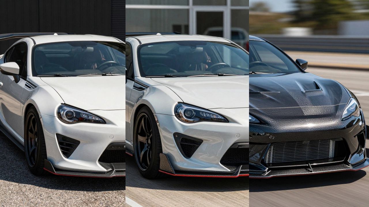 Three cars showing budget, mid-range, and premium body kits