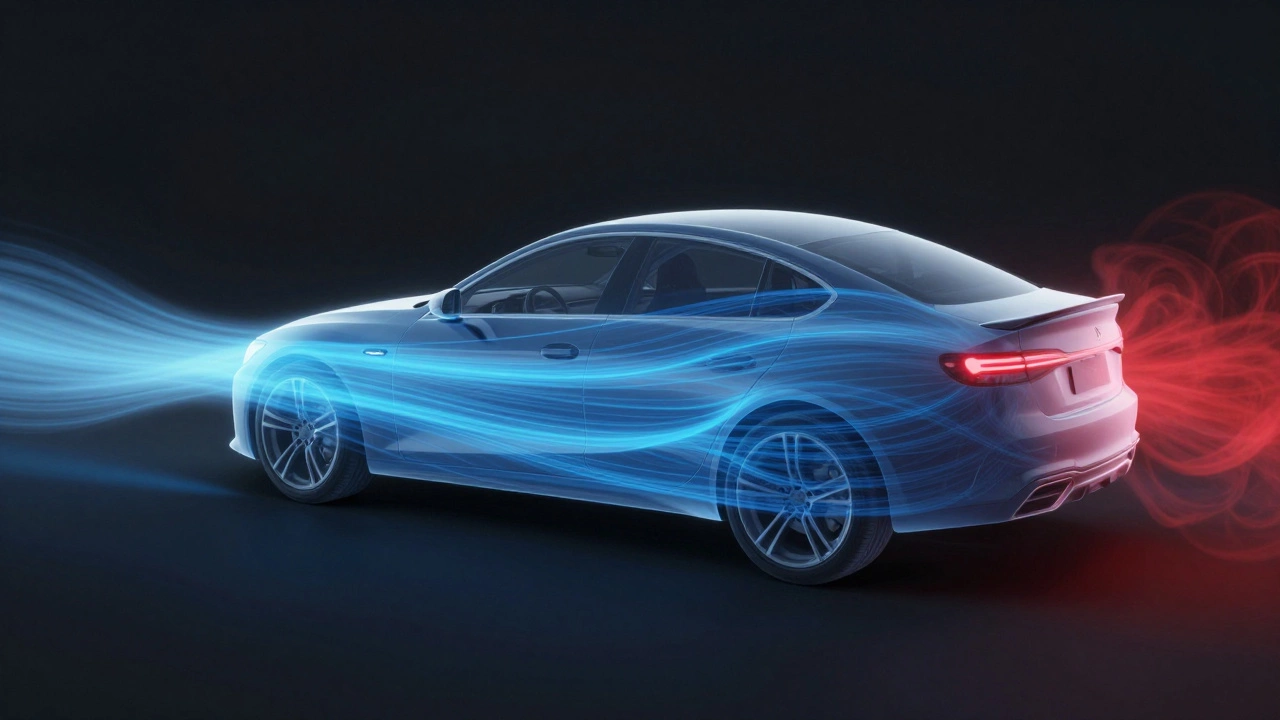 3D visualization of airflow and drag reduction behind a car spoiler