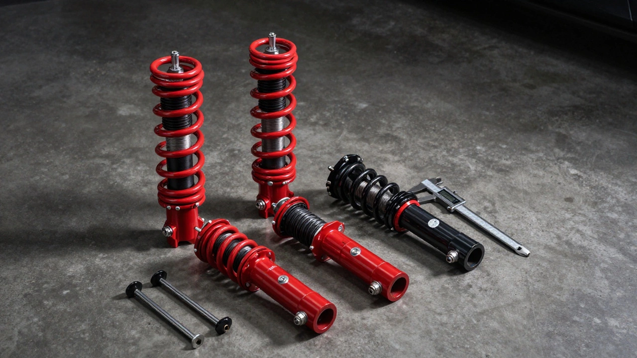 Aftermarket lowering springs compared to factory springs on workshop floor