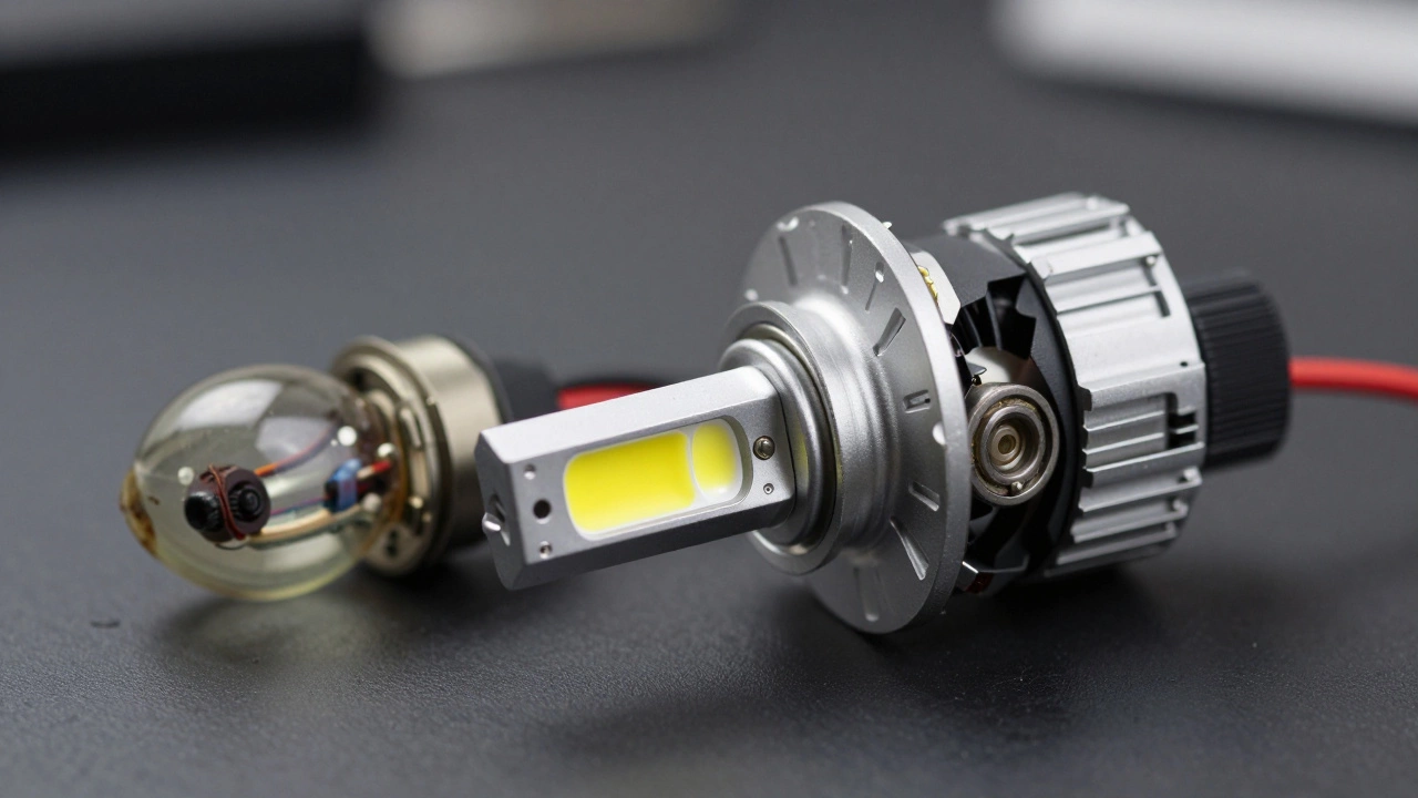 Close up of premium LED headlight bulb with cooling fins next to old halogen bulb