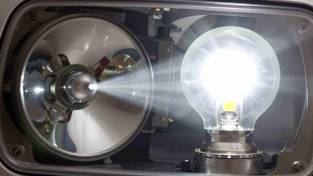 Comparison of focused halogen beam vs scattered LED light in reflector housing.
