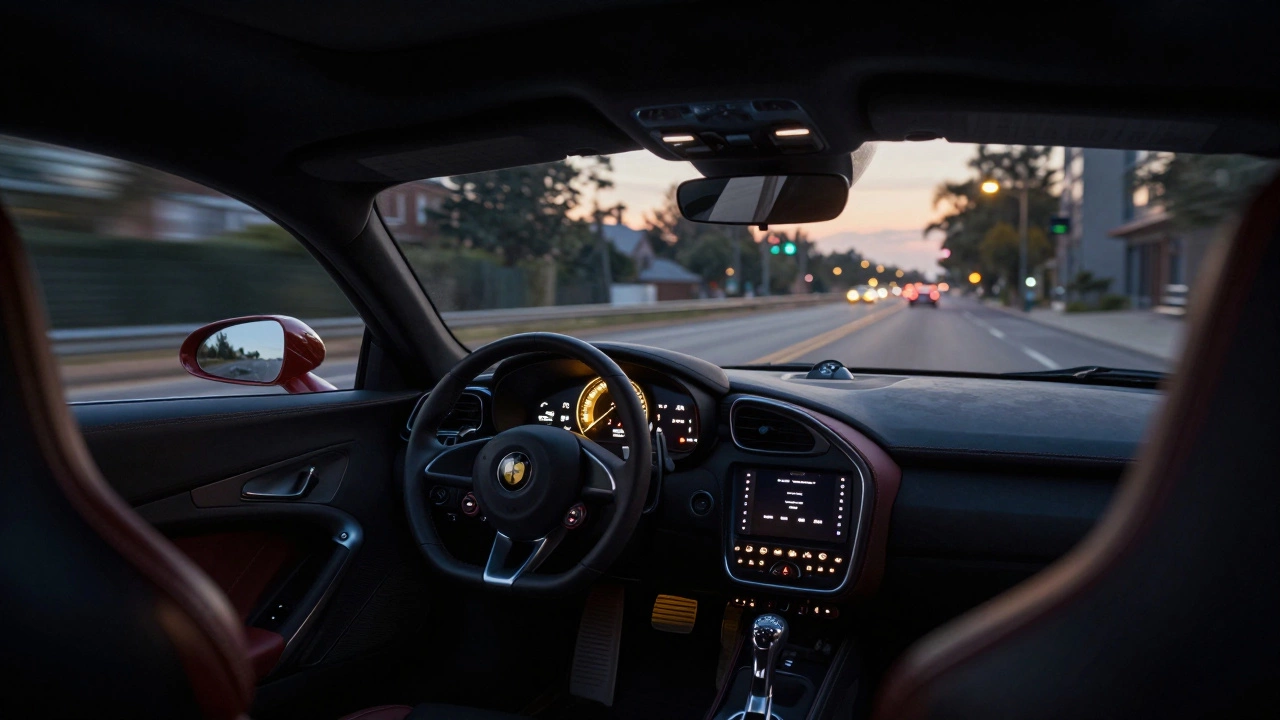 Driver's view inside car cabin at dusk suggesting subtle engine sound
