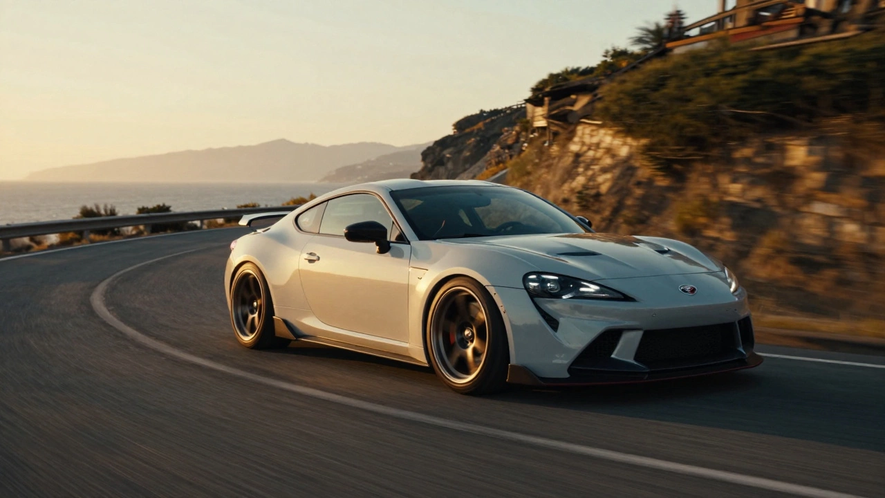 Lowered sports car cornering sharply on a winding road at sunset