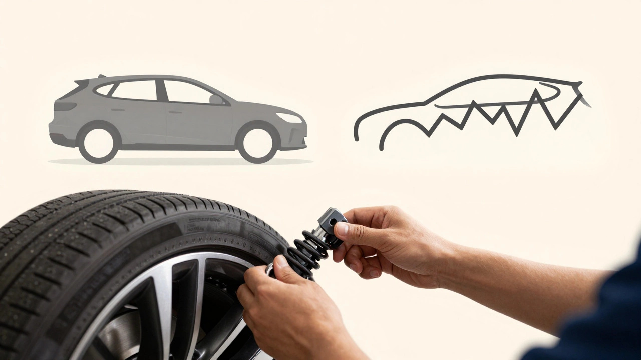 Mechanic adjusting camber angle on a coilover suspension system