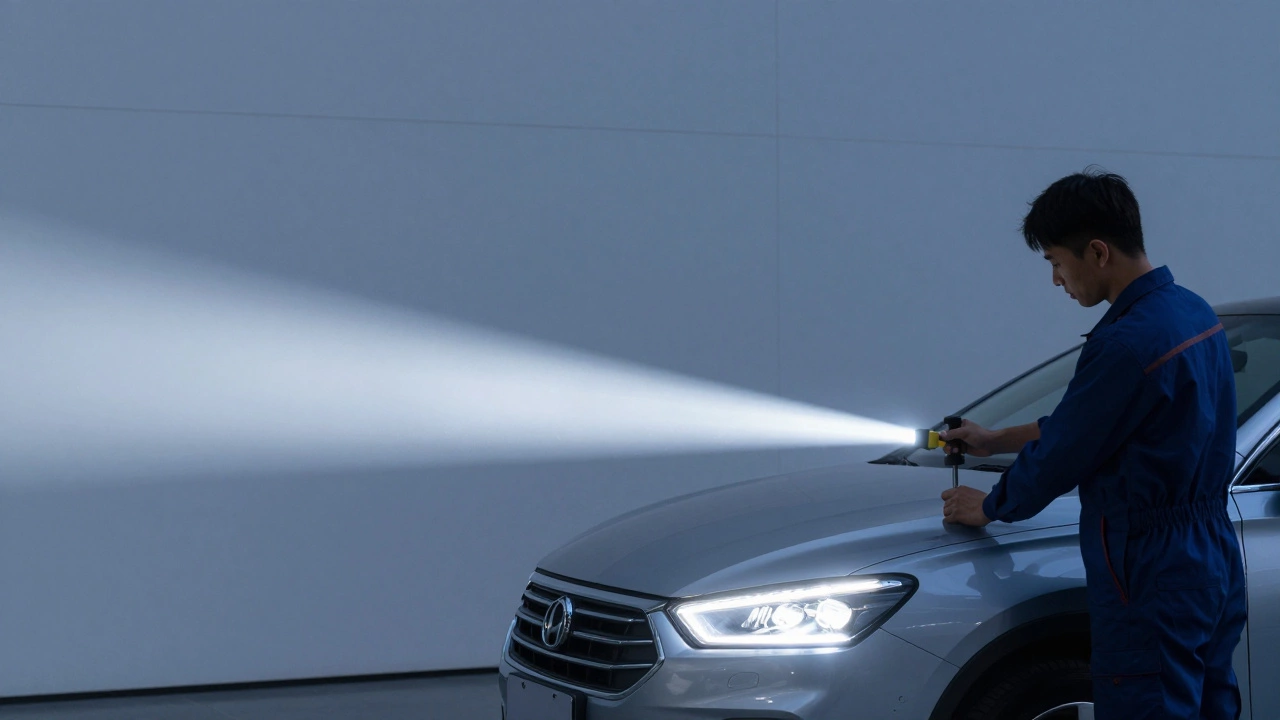 Mechanic aligning LED headlights against a wall showing sharp cutoff beam pattern