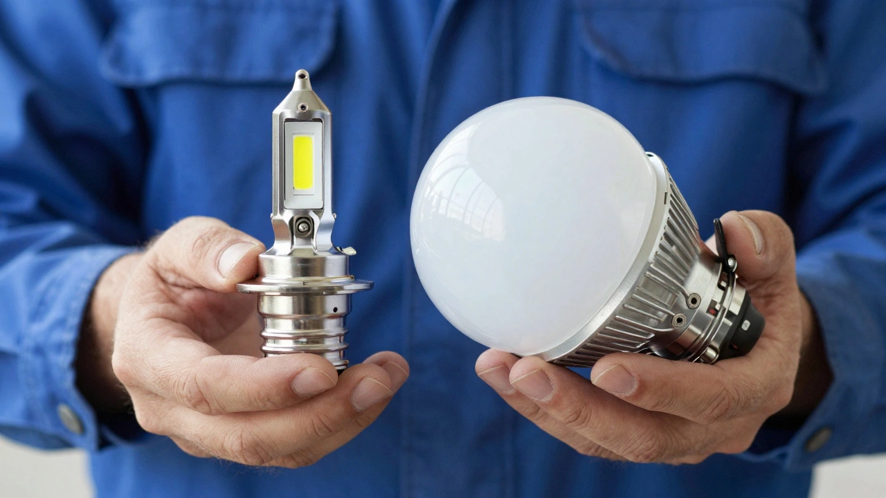 Mechanic comparing small halogen bulb to bulky LED bulb with heatsink.