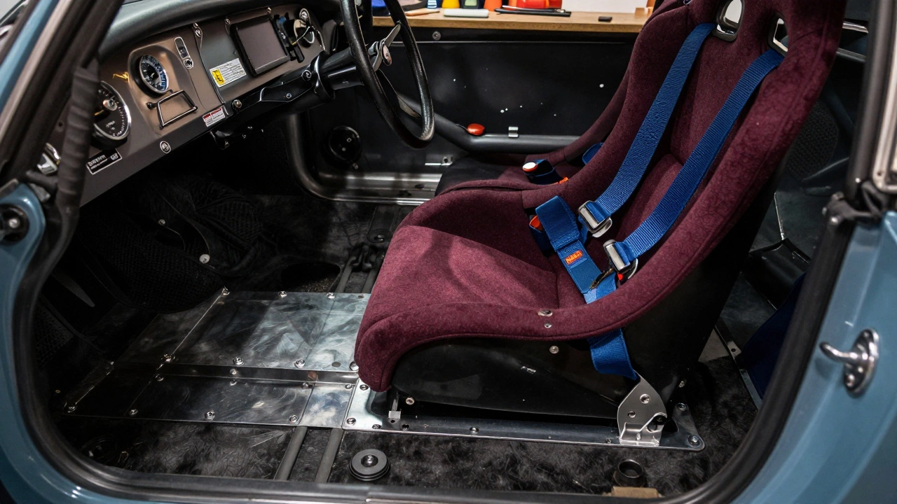 Mechanic installing custom mounting brackets for a racing seat