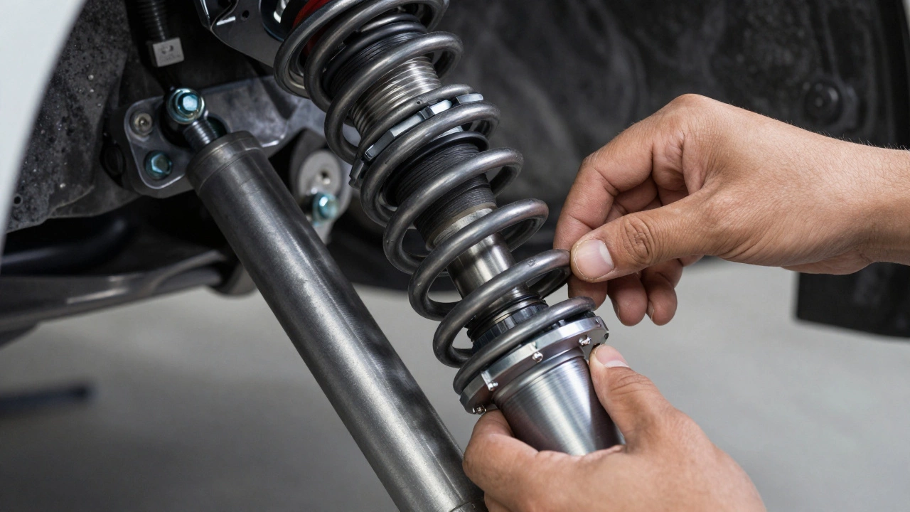 Mechanic removing coil spring from strut assembly