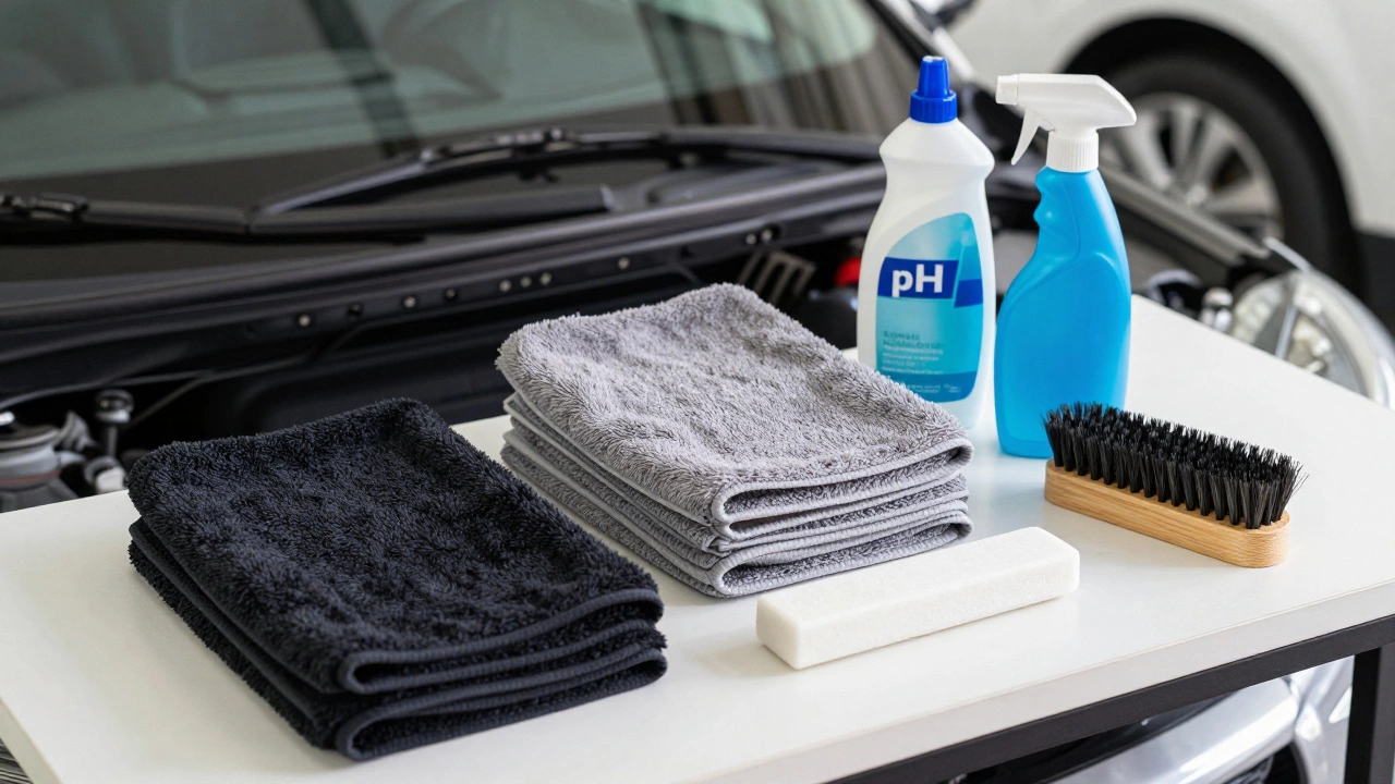 Organized car detailing supplies including colored microfiber towels