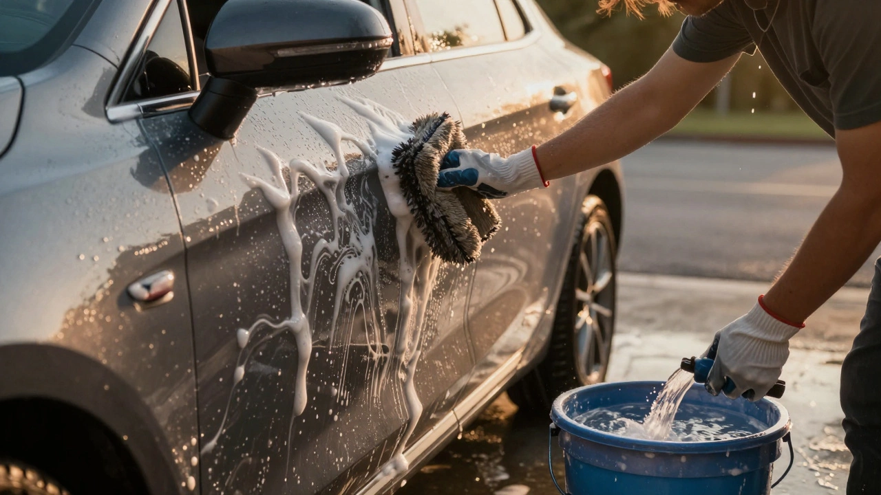 Person washing a car using the two-bucket method in sunlight