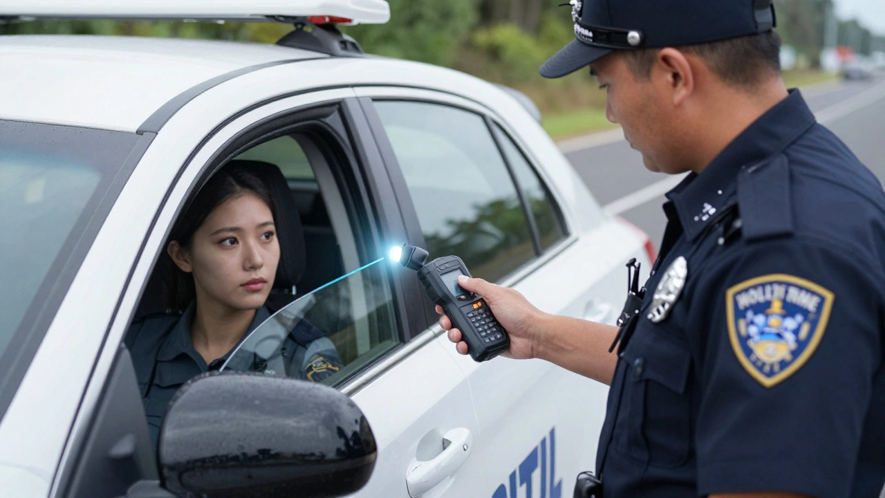 Police officer measuring car window tint darkness with a light meter