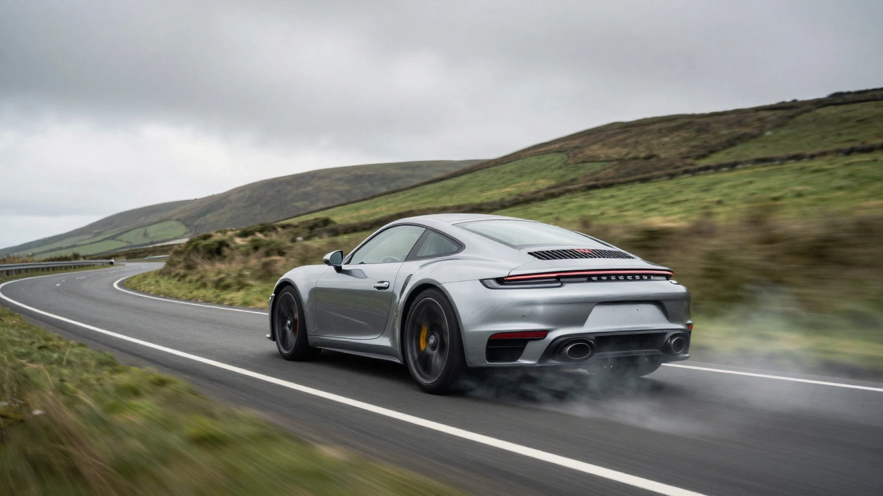 Sports car speeding on a UK coastal road with heat haze
