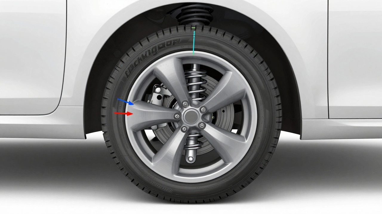 Technical cutaway of car suspension showing tire clearance and camber
