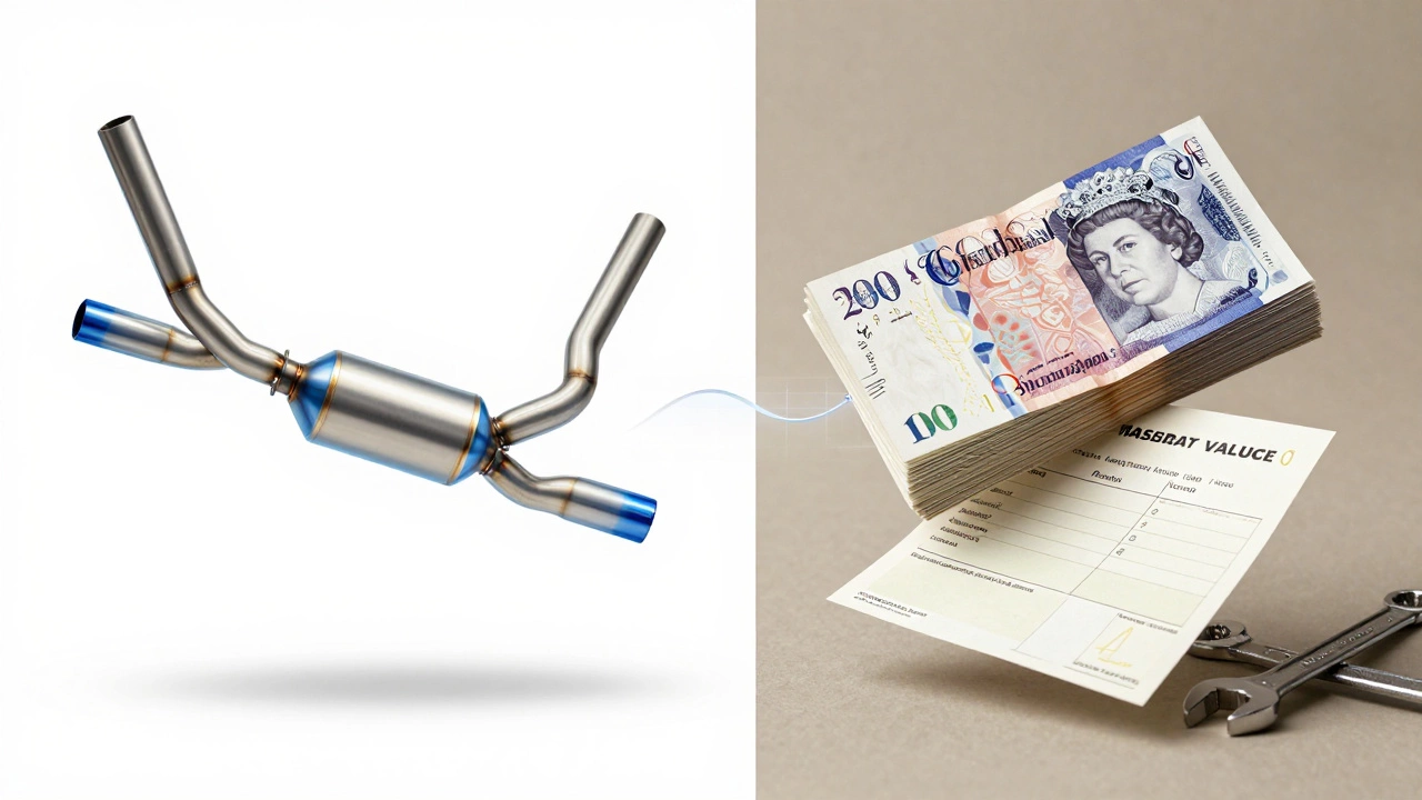 Titanium exhaust system next to pound notes and tools