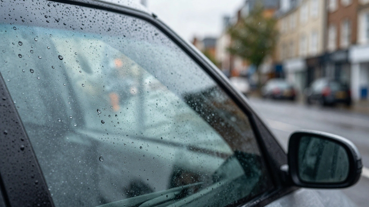 Water beading on hydrophobic coated car windshield in rain
