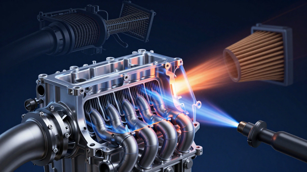 3D cutaway visualization of clean air and fuel combustion in an engine