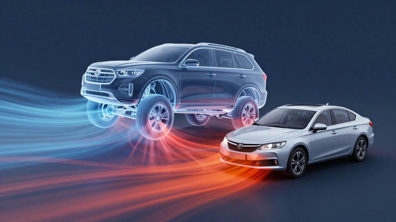 3D visualization comparing turbulent air drag under a lifted SUV vs smooth flow under a sedan