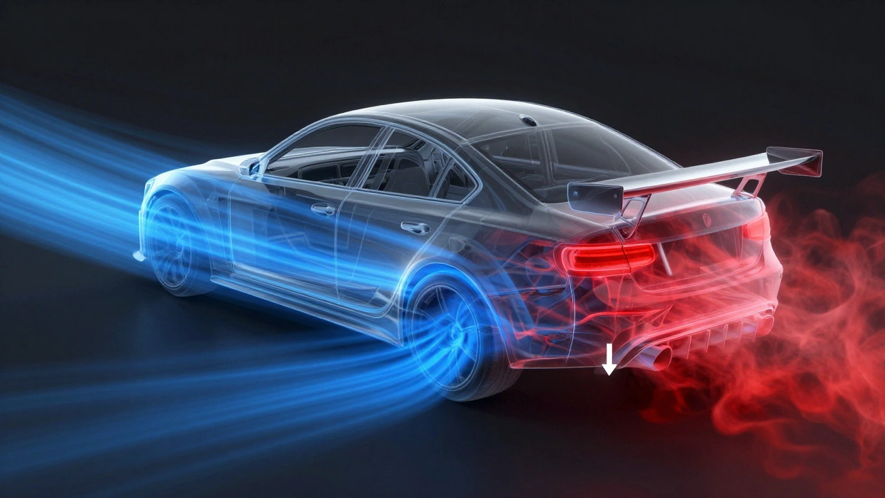 3D visualization of airflow and downforce on a car chassis