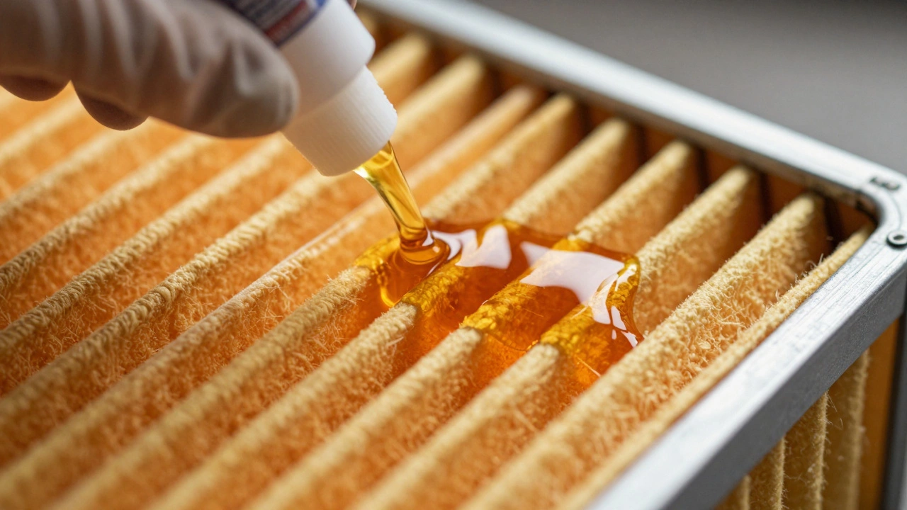 Applying oil evenly to clean orange air filter pleats by hand