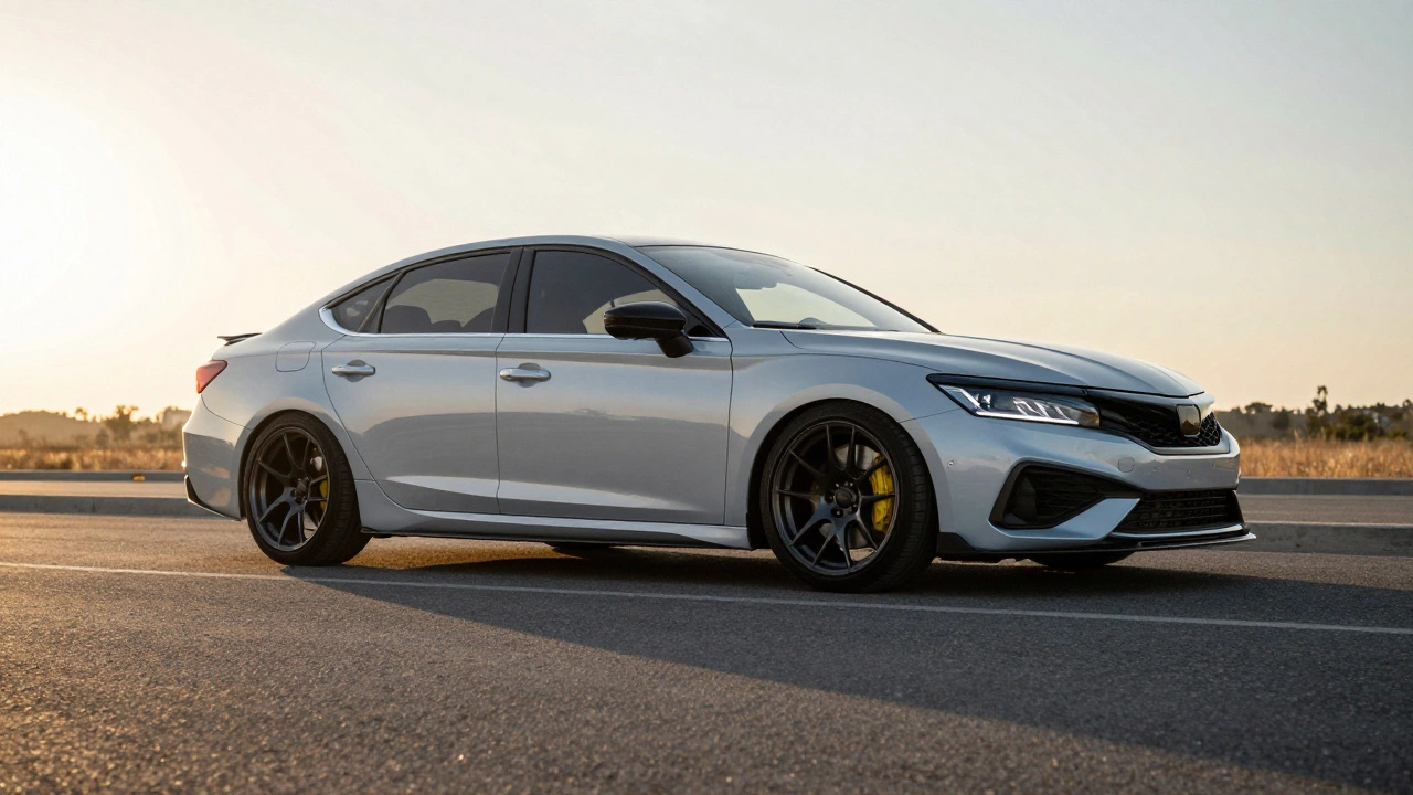 Car with subtle wheel spacers parked on road during golden hour