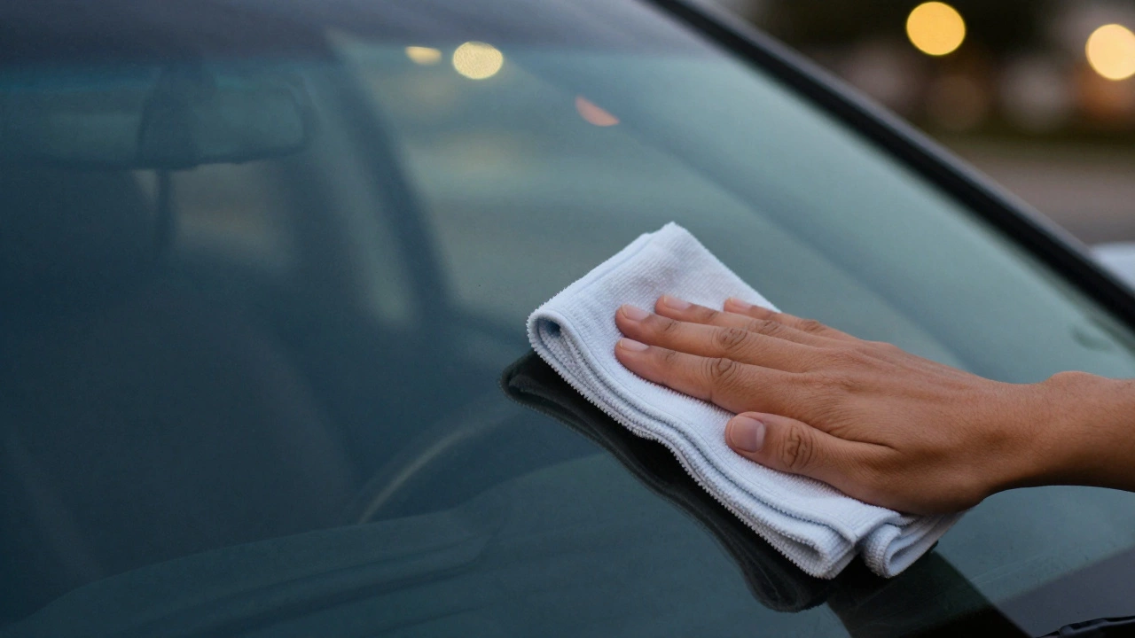 Cleaning a car windshield with a microfiber cloth to ensure clear night vision