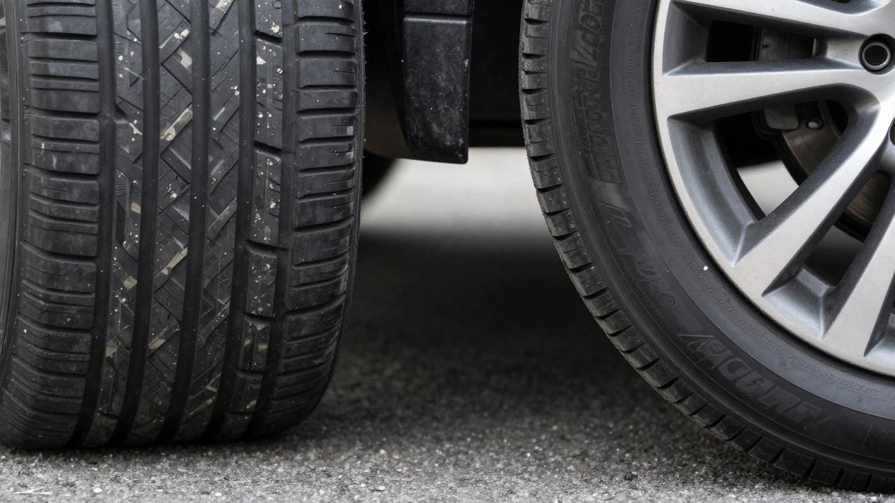 Close-up detail showing the difference in sidewall flexibility between high-profile and low-profile tires on uneven road surfaces.