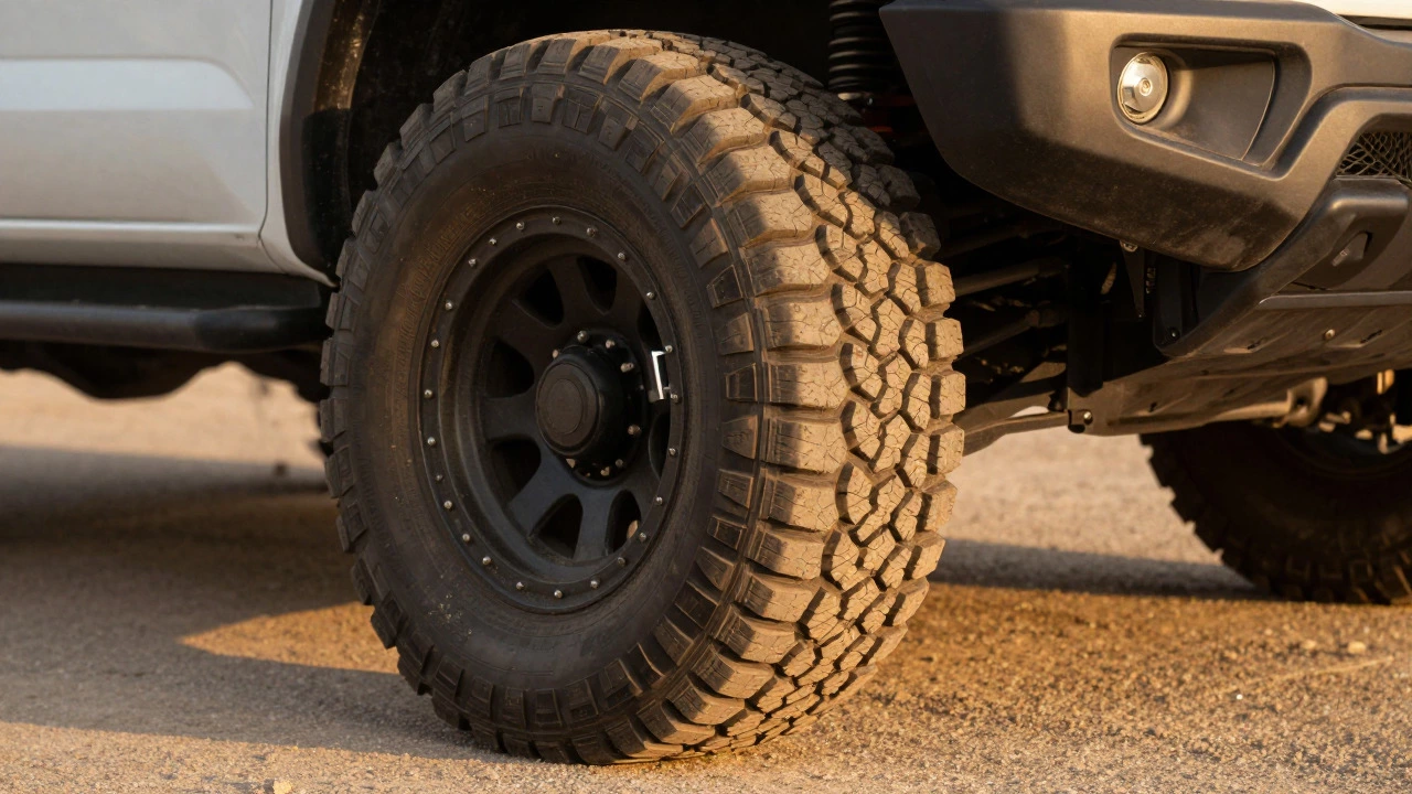 Close-up of aggressive all-terrain tires on a lifted truck showing high rolling resistance