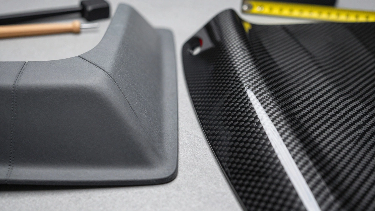 Comparison of heavy plastic vs lightweight carbon fiber car parts