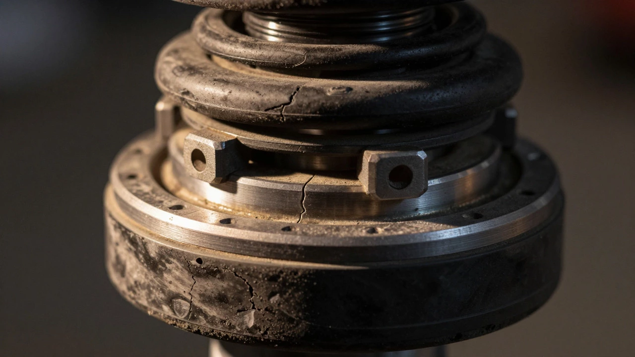 Cracked rubber strut mount bearing showing wear